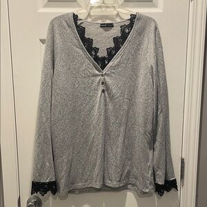 SHEIN Gray Long Sleeve Top with Black Lace